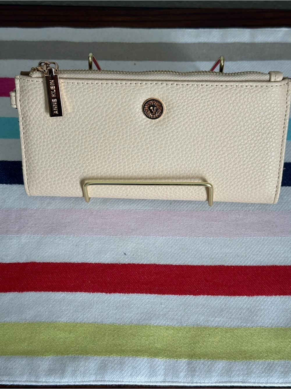 Anne Klein Cream Pebbled Leather Zip Wristlet with Gold Hardware
